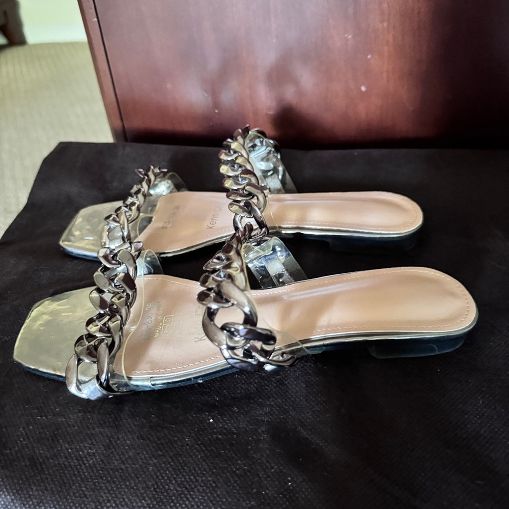 Women’s Metallic Silver Chain-Accent Slide Sandals